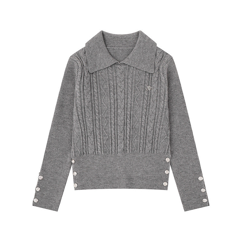 Damen Feinstrick-Polo-Pullover mit Zopfmuster, Zierknopfbesatz und taillierter Passform Drune