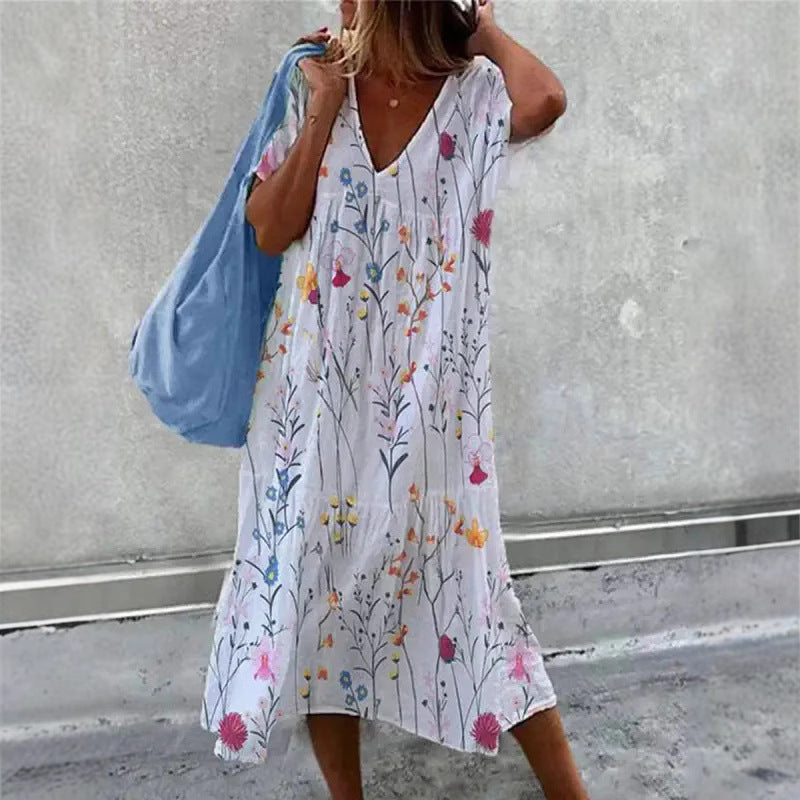 Damen Sommerkleid mit V-Ausschnitt und voluminösem Rock Drune