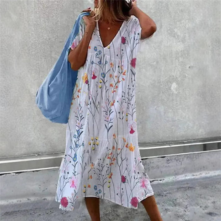 Damen Sommerkleid mit V-Ausschnitt und voluminösem Rock Drune