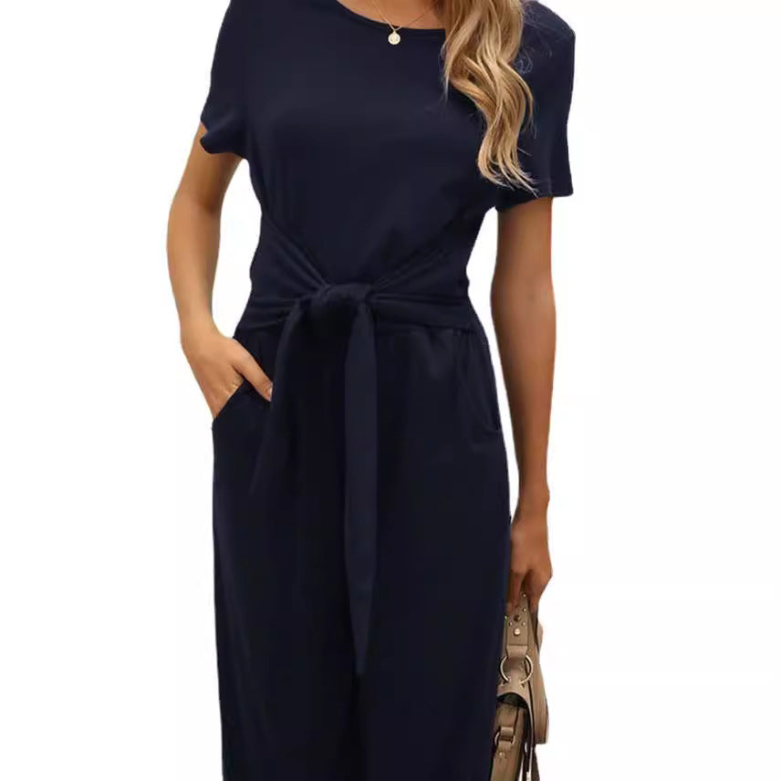 Damen Jumpsuit mit Bindegürtel und weitem Bein Drune