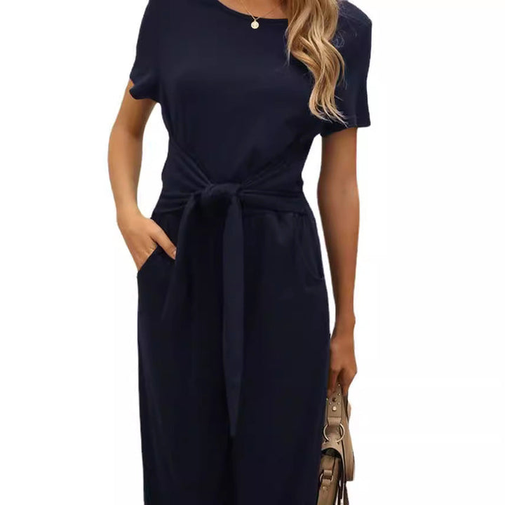 Damen Jumpsuit mit Bindegürtel und weitem Bein Drune