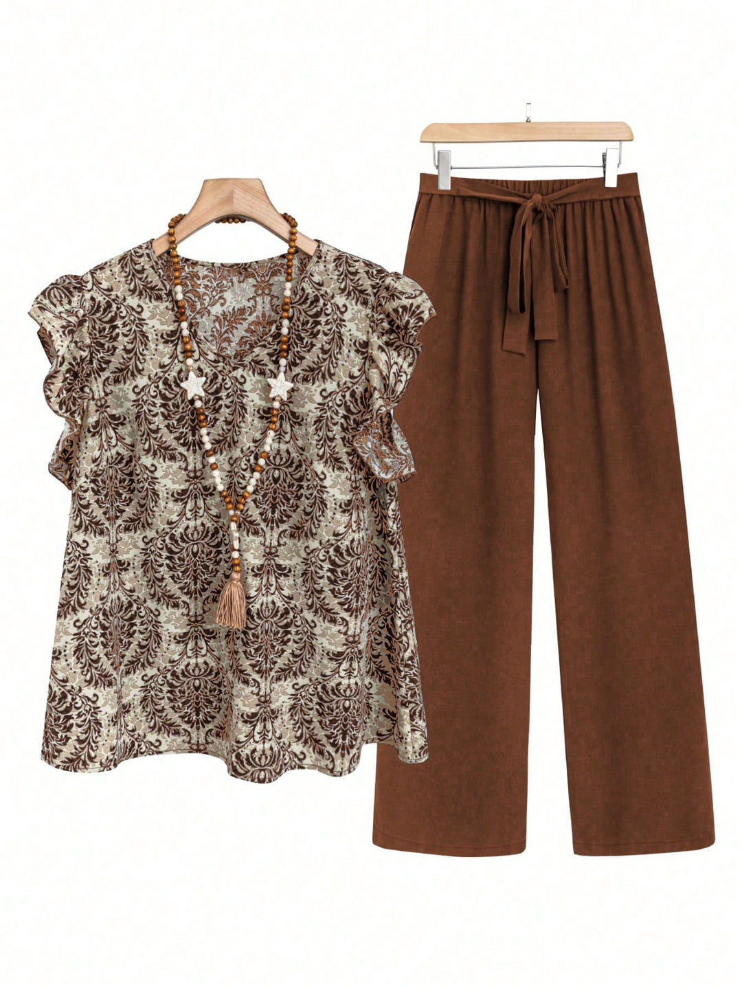 Damen Zweiteiliges Ensemble mit Rüschen-Printbluse und weitem Taillen-Hosenmodell Drune