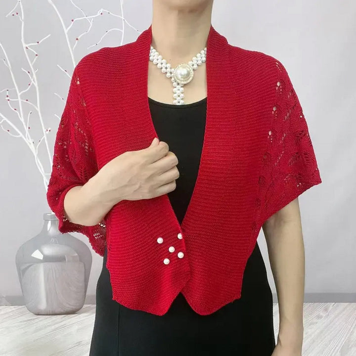 Damen elegante Strickjacke mit Spitzenmuster und Perlenknöpfen Drune