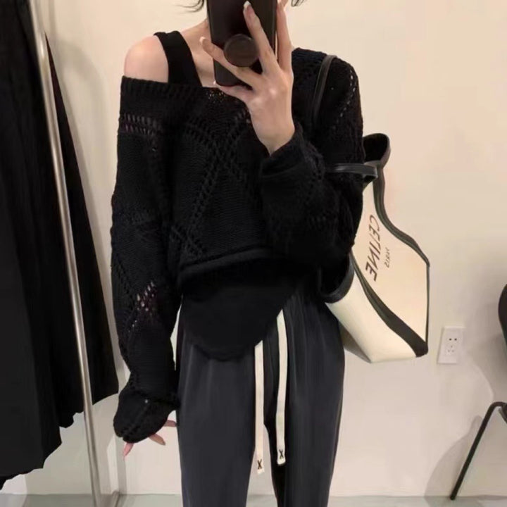 Damen lässiger Strickpullover mit Luftmaschenmuster Drune