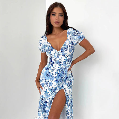 Damen Sommerliches Maxi-Kleid mit floralem Muster und elegantem Schlitz Drune