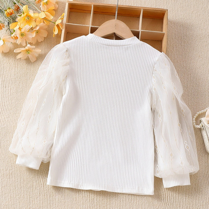 Mädchen modische Bluse mit transparenten Puffärmeln und floralen Akzenten Drune