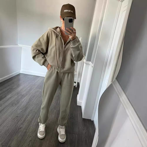 Damen lässiges Kapuzen-Sweatshirt und Jogginghose Set in Oversize-Passform mit Reißverschluss und Kängurutasche Drune