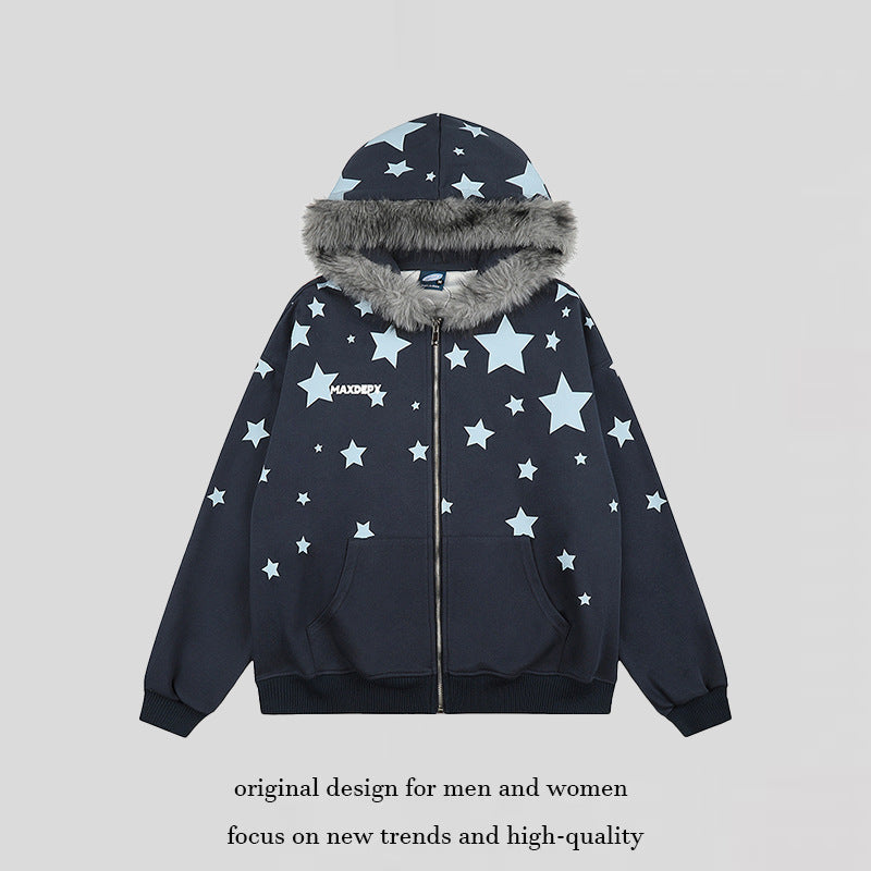 Damen Oversize Kapuzen‑Sweatjacke mit Sternen‑Allover, Kunstfellbesatz und durchgehendem Reißverschluss Drune