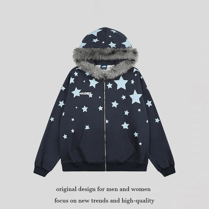 Damen Oversize Kapuzen‑Sweatjacke mit Sternen‑Allover, Kunstfellbesatz und durchgehendem Reißverschluss Drune