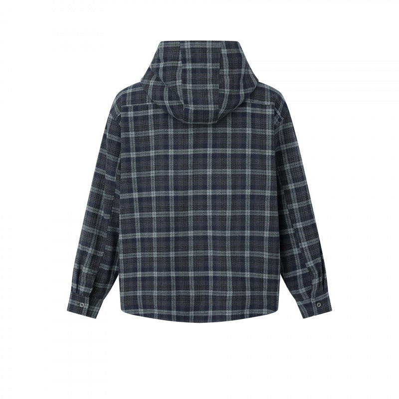 Unisex Kastenförmiges Kapuzen-Overshirt aus Flanell mit aufgesetzten Pattentaschen Drune