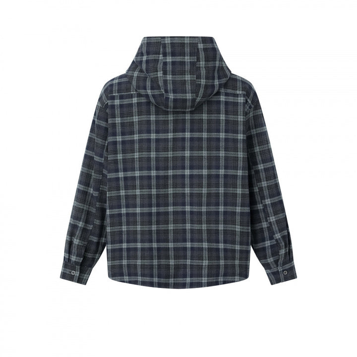 Unisex Kastenförmiges Kapuzen-Overshirt aus Flanell mit aufgesetzten Pattentaschen Drune