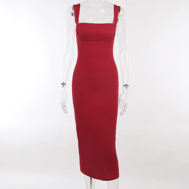 Damen figurbetontes Midi-Kleid mit quadratischem Ausschnitt und feinen Rippdetails Drune