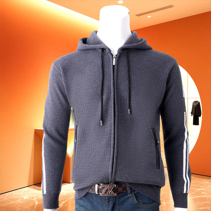 Herren Kapuzen-Sweatjacke mit Reißverschluss, texturierter Strick, Seitentaschen und Kontraststreifen Drune