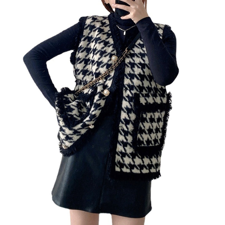 Damen Lässige Strickweste mit Karomuster und eleganten Knöpfen Drune