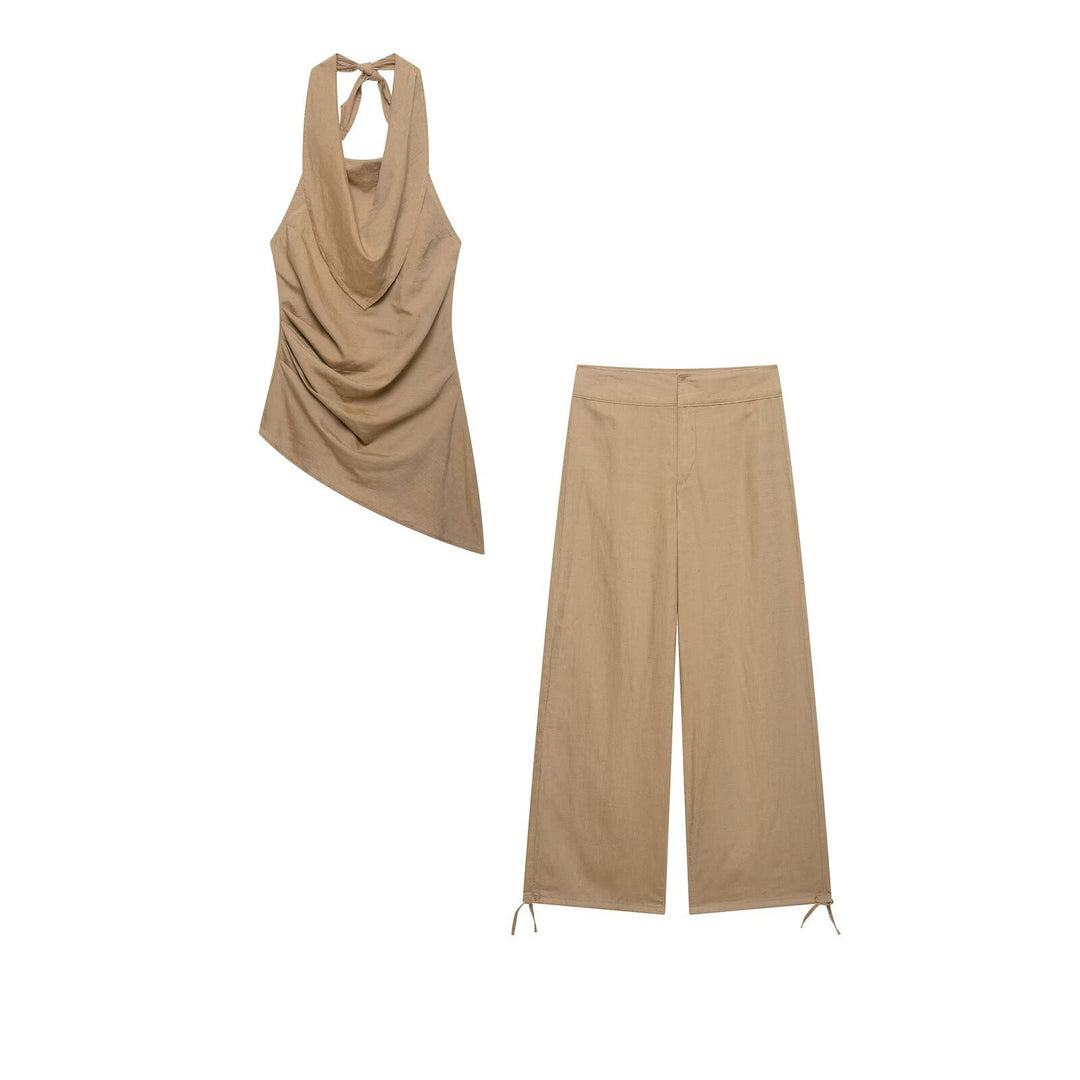 Damen Hochtaillierte Leinen-Mix Weite Hose mit Tunnelzug-Bund und Kordel-Saum Drune