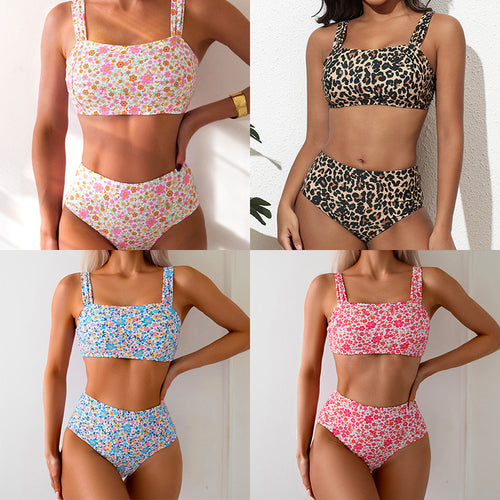 Damen Hochgeschnittener Bikini mit Blumenmuster und breiten Trägern Drune
