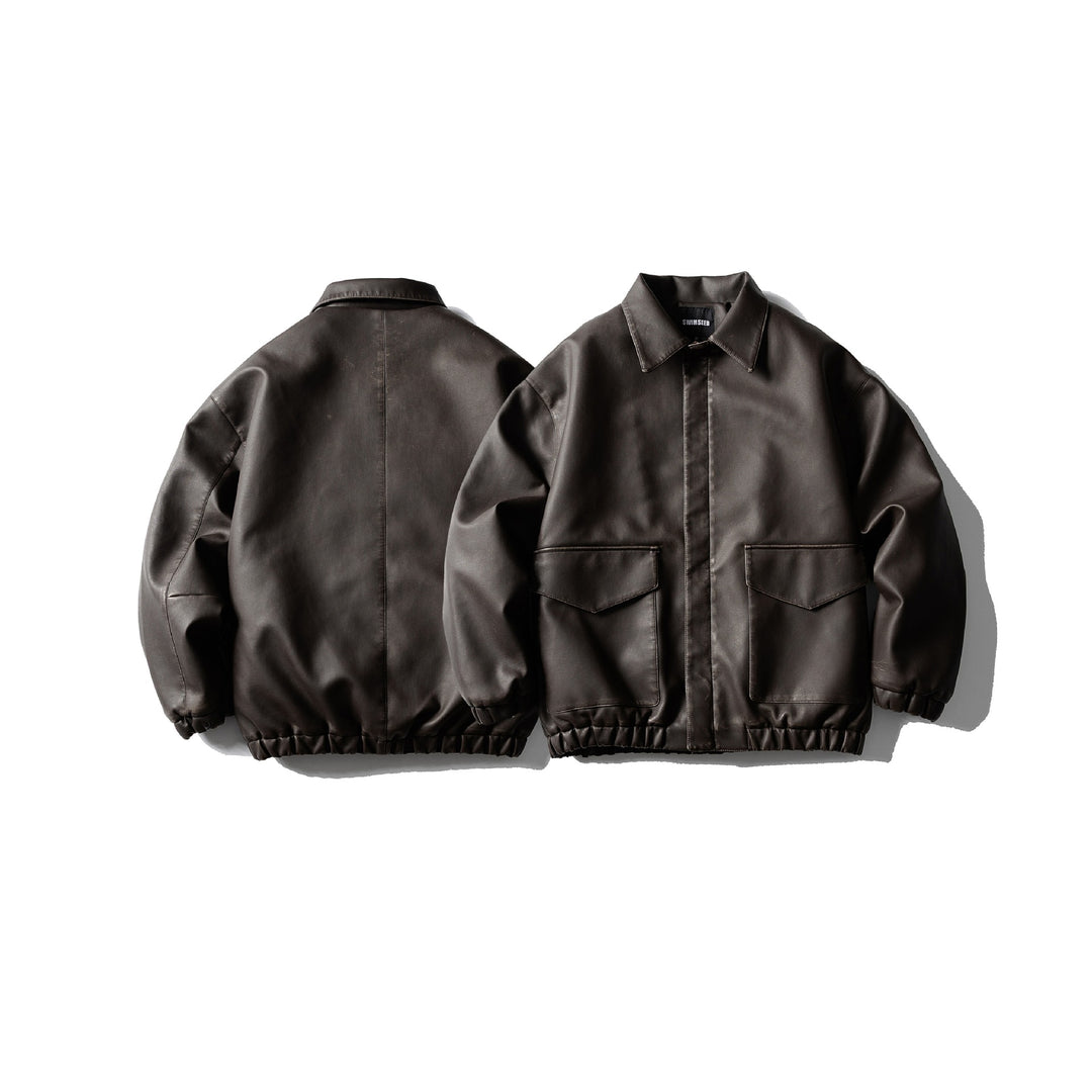 Herren Oversized Kunstleder‑Fliegerblouson mit Pattentaschen, verdecktem Verschluss und elastischem Saum Drune