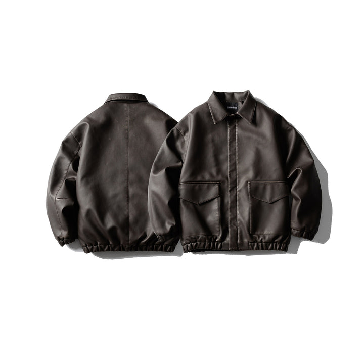 Herren Oversized Kunstleder‑Fliegerblouson mit Pattentaschen, verdecktem Verschluss und elastischem Saum Drune