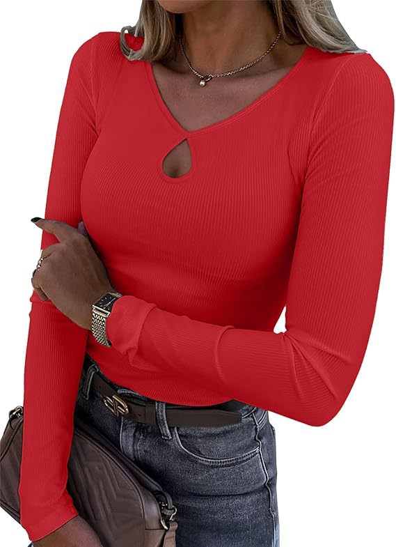 Damen Tailliertes geripptes Langarmshirt mit V-Ausschnitt und Tropfen-Cut-Out Drune
