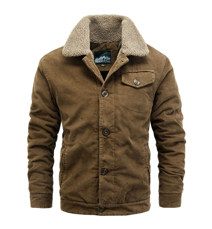 Herren Cord-Truckerjacke mit durchgehendem Sherpa‑Futter und Hemdkragen Drune