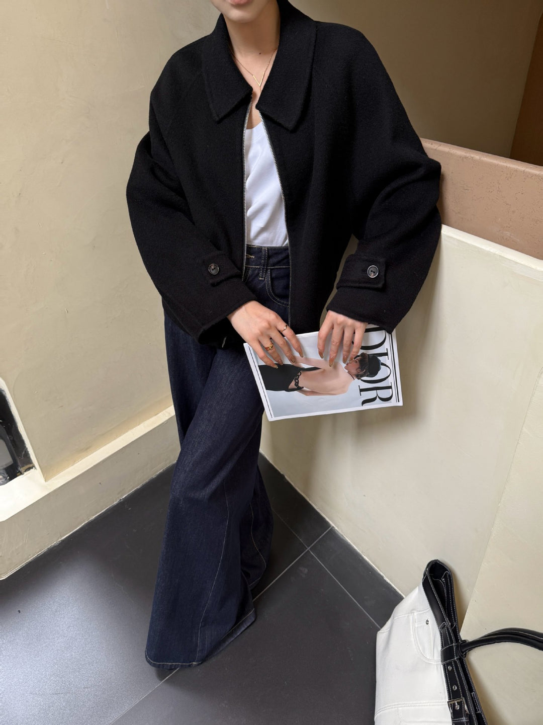 Damen Kurzjacke aus Wollmix mit Reißverschluss und weitem Kragen Drune