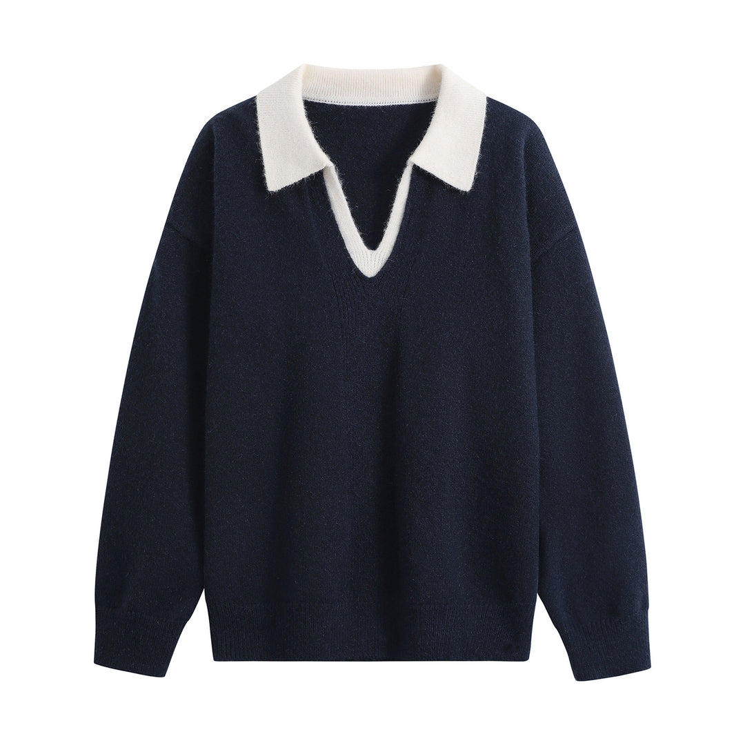 Damen Oversize-Polo-Strickpullover aus weichem Wollmix mit kontrastkragen und tiefem V-Ausschnitt Drune