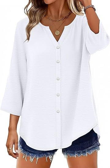 Damen Leichte V-Ausschnitt Blusenjacke mit 3/4-Ärmeln, geschwungenem Saum und durchgehender Knopfleiste Drune