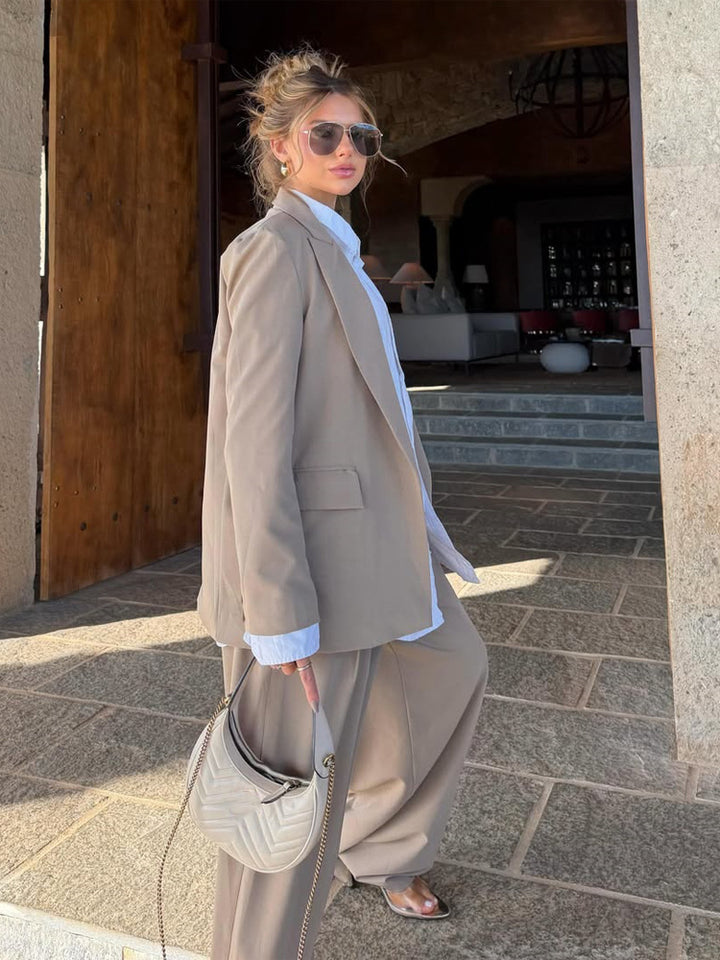Damen Dreiteiliges Tailoring-Set mit Korsagen-Top, Oversized-Blazer und plissierter Weitbein-Hose Drune