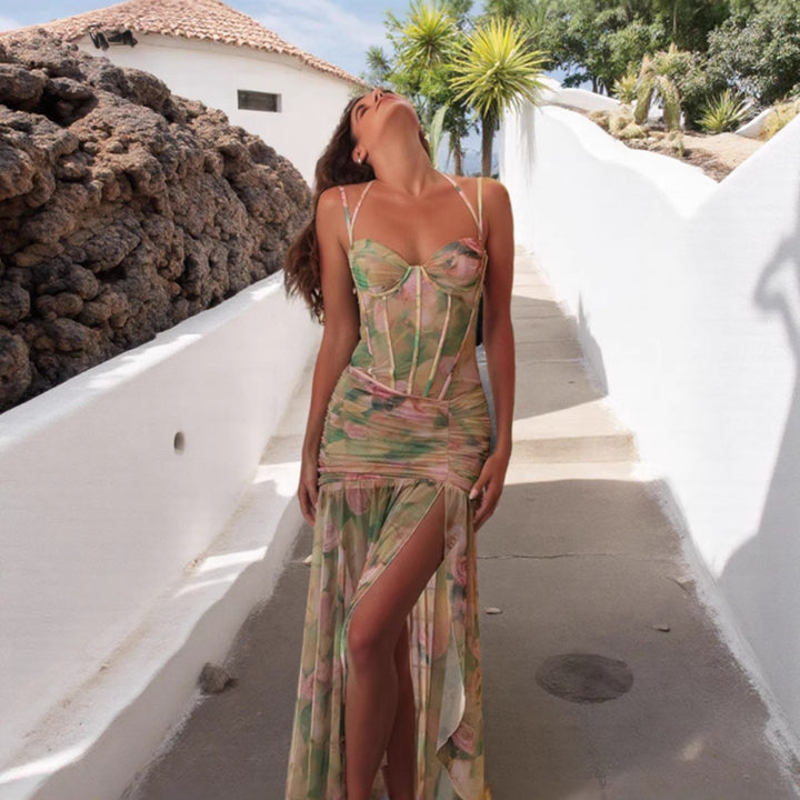 Damen Maxi-Kleid mit verführerischem Schlitz und elegantem Rüschendesign Drune