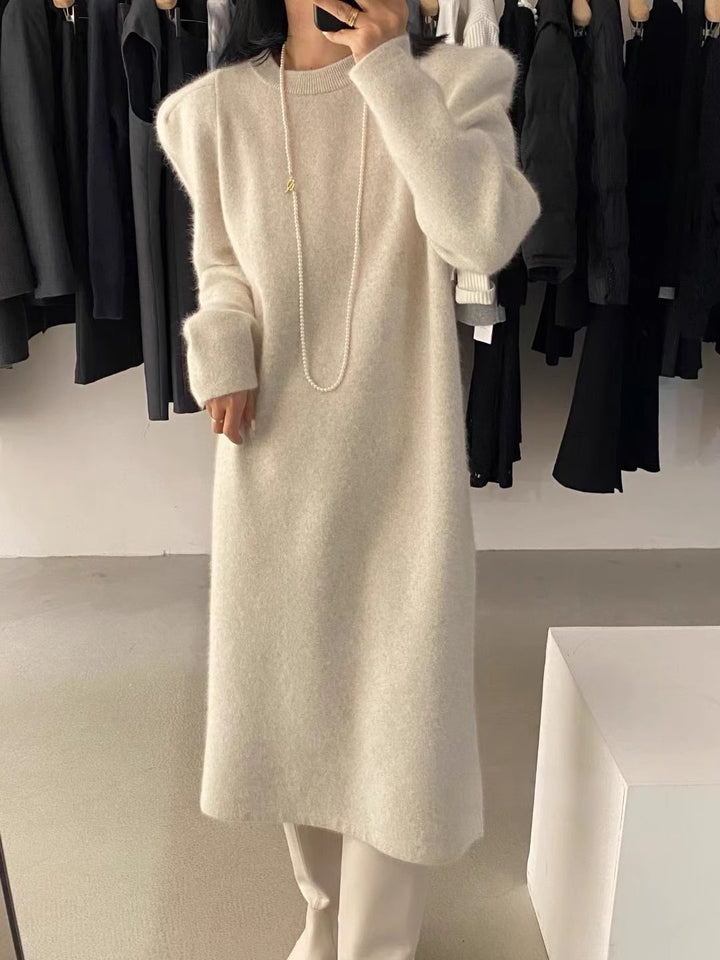 Damen elegantes Strickkleid mit Puffärmeln und Rundhalsausschnitt Drune