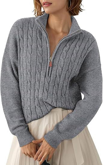 Damen Grobstrick Pullover mit Stehkragen und halbem Reißverschluss Drune