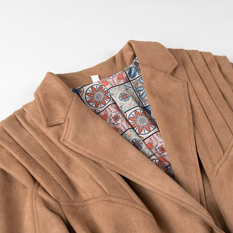 Damen nan taillierte Veloursoptik Blazerjacke mit Bindegürtel, betonter Schulter und gemusterter Innenfütterung Drune