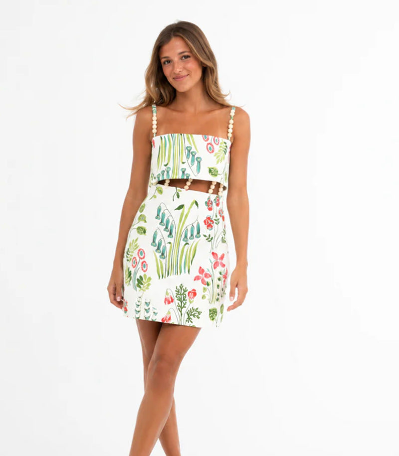 Damen nan zweiteiliges Sommer-Set mit Perlen-Trägern Bandeau-Oberteil und tailliertem Minirock mit Taillenausschnitt Drune