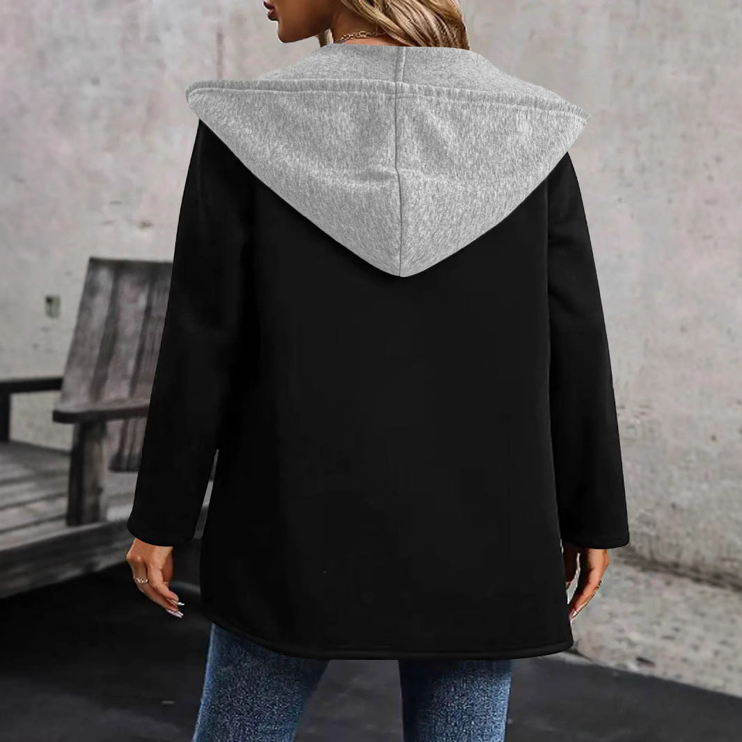 Damen Langer Kapuzen-Cardigan mit kontrastiertem Besatz, Kordelzug und Eingrifftaschen Drune