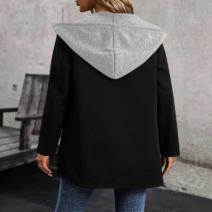 Damen Langer Kapuzen-Cardigan mit kontrastiertem Besatz, Kordelzug und Eingrifftaschen Drune