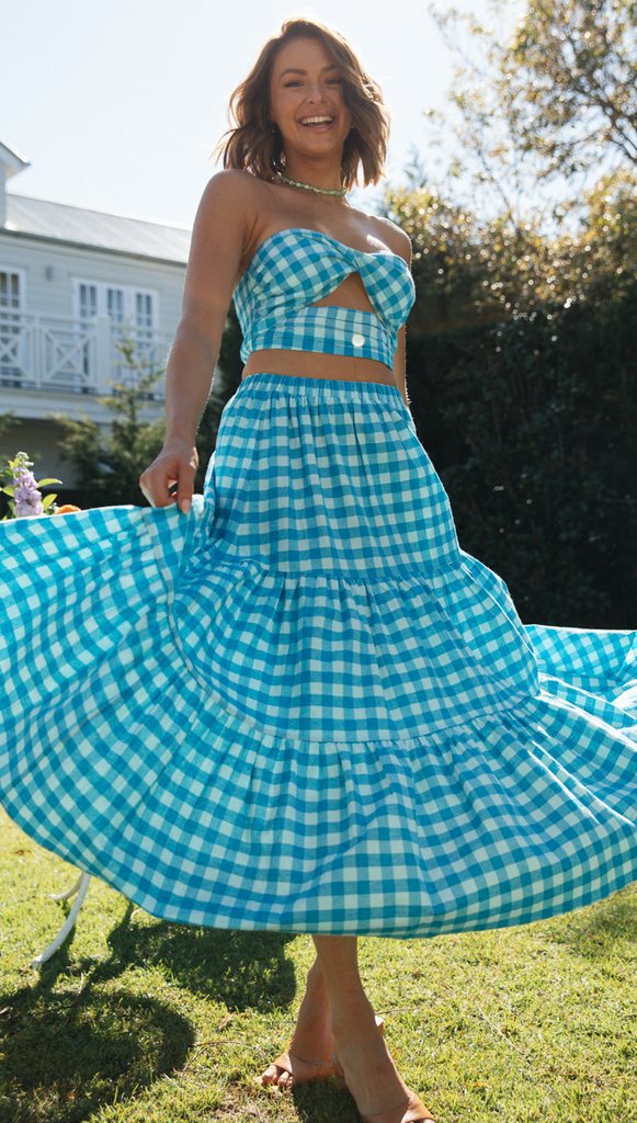 Damen Zweiteiliges Set im Gingham-Stil mit Crop-Top und voluminösem Rock Drune