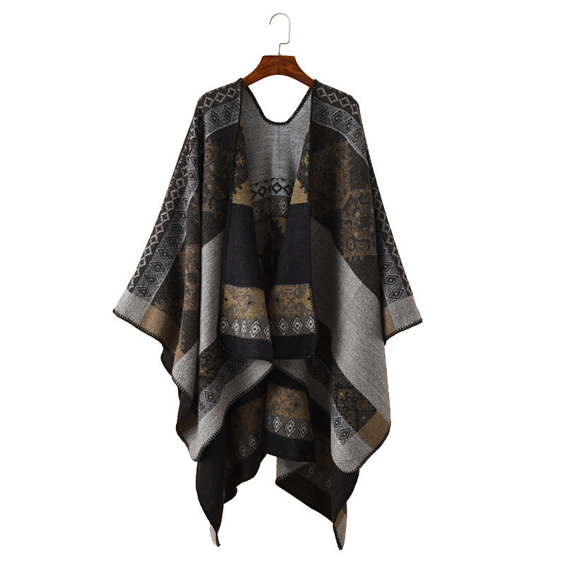 Damen Oversize Poncho aus Jacquard-Strick mit geometrischem Ethno‑Muster Drune