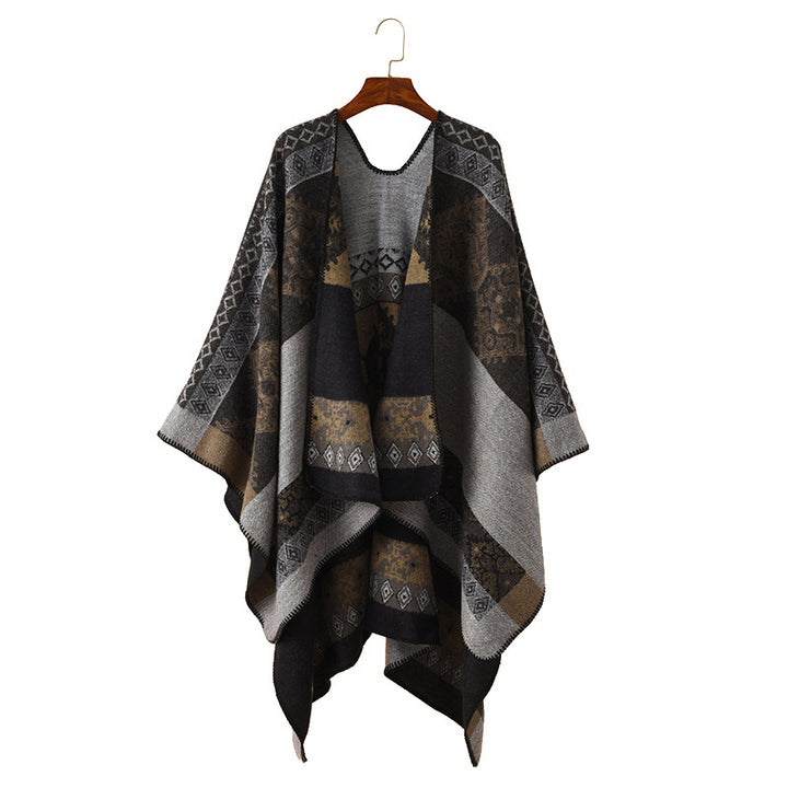 Damen Oversize Poncho aus Jacquard-Strick mit geometrischem Ethno‑Muster Drune