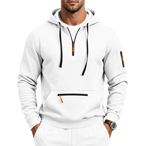Herren Kapuzen-Sweatshirt mit Half-Zip, Kängurutasche und Reißverschlusstaschen Drune