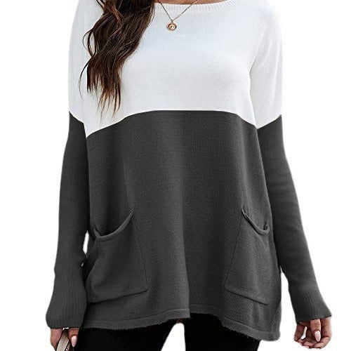 Damen Strickpullover mit großen Fronttaschen und kontrastiertem Design Drune