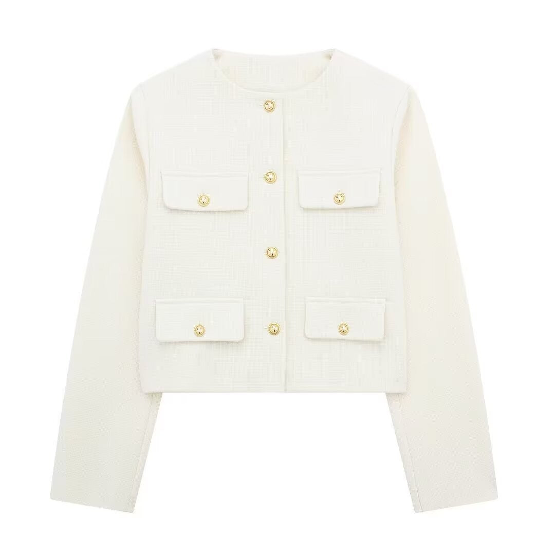 Damen Bouclé-Cropped-Jacke mit vier Pattentaschen und goldenen Schmuckknöpfen Drune
