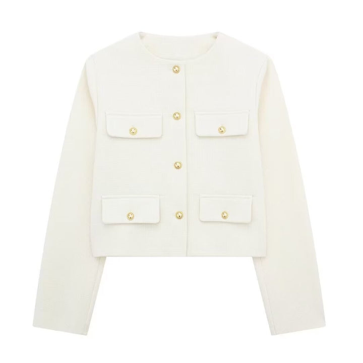 Damen Bouclé-Cropped-Jacke mit vier Pattentaschen und goldenen Schmuckknöpfen Drune