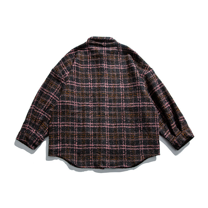Unisex Bouclé-Karo Hemdjacke mit gesteppter Fütterung, abgerundetem Saum und Hemdkragen Drune