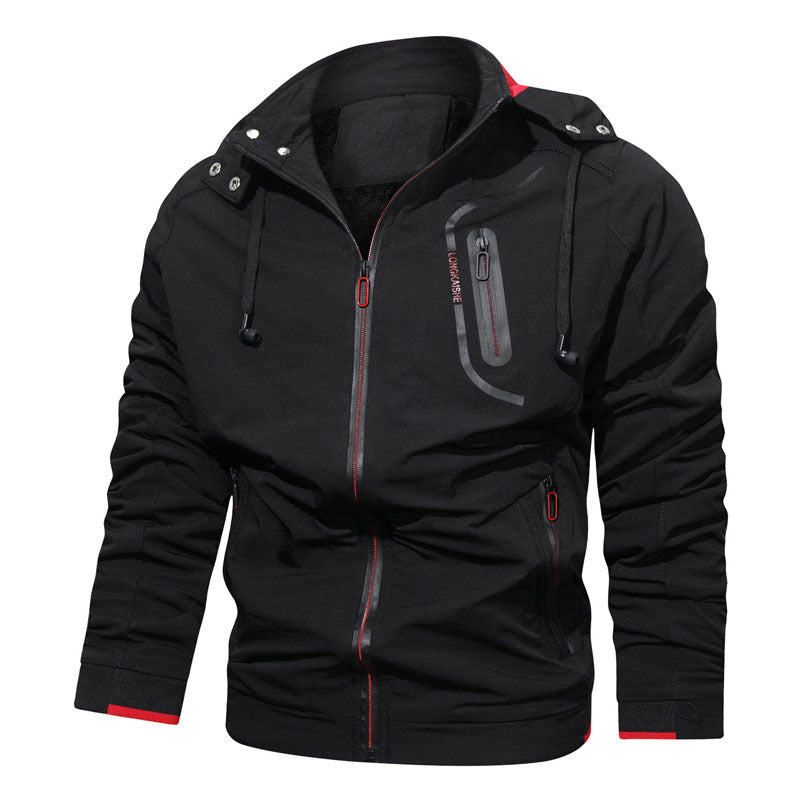 Herren leichte Kapuzen-Übergangsjacke mit wasserabweisender Oberfläche, verdeckten Reißverschlüssen und raffinierten Raffärmeln Drune
