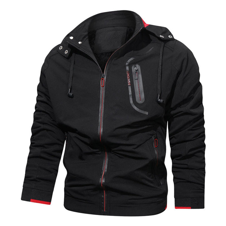 Herren leichte Kapuzen-Übergangsjacke mit wasserabweisender Oberfläche, verdeckten Reißverschlüssen und raffinierten Raffärmeln Drune