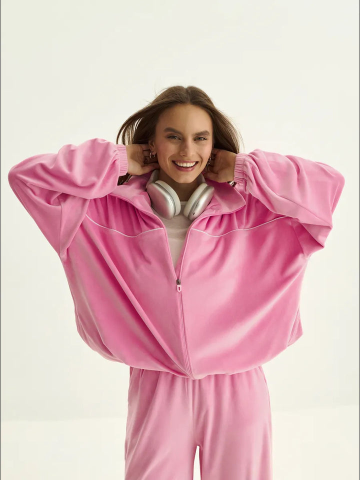 Damen Palazzo-Lounge-Set aus seidig-weichem Nicki mit hoher Kragenblende, Oversize-Passform und elastischer Bundhose Drune