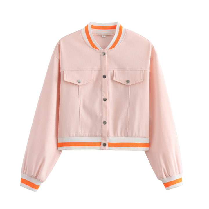 Damen nan cropped Blousonjacke mit Druckknopfleiste, gestreiften Rippbündchen und aufgesetzten Brustklappen Drune