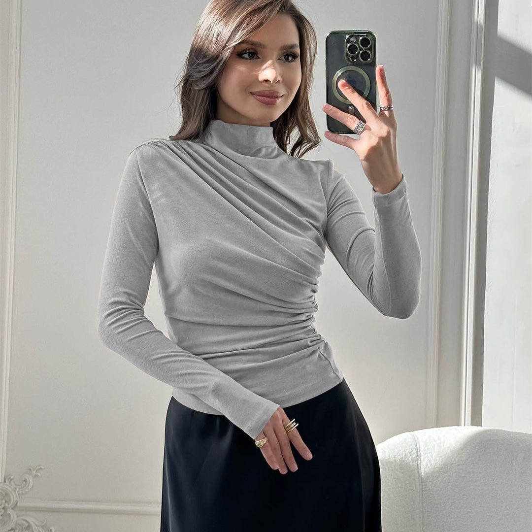 Damen Fitted Langarmshirt mit Stehkragen und seitlicher Raffung Drune