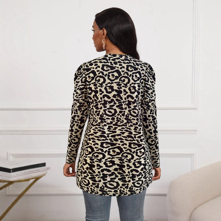 Damen Offene Leoprint Longjacke mit Puffärmeln, leichter WDrunequalität und fließender A‑Linie Drune