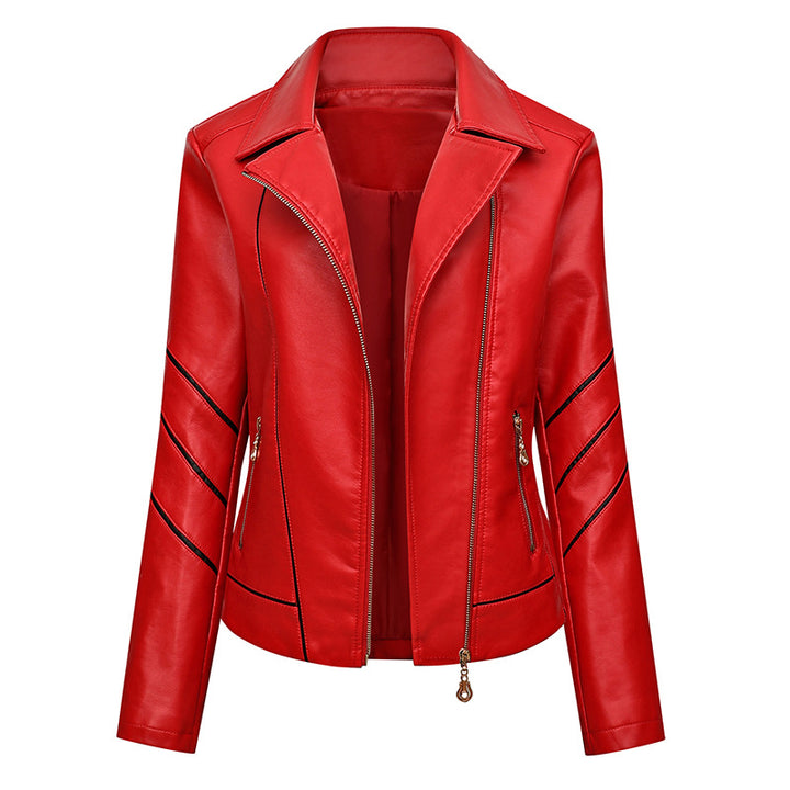 Damen Taillierte Kunstleder‑Bikerjacke mit asymmetrischen Ziernähten und Reißverschlusstaschen Drune